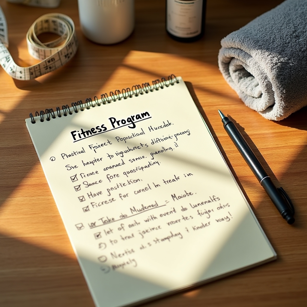 Trainer writing a structured fitness program on a notepad with planning materials on a desk