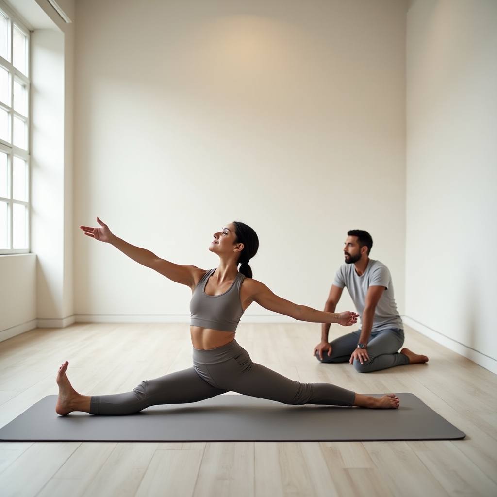 Client performing post-workout stretching on a mat in a bright, calm studio environment