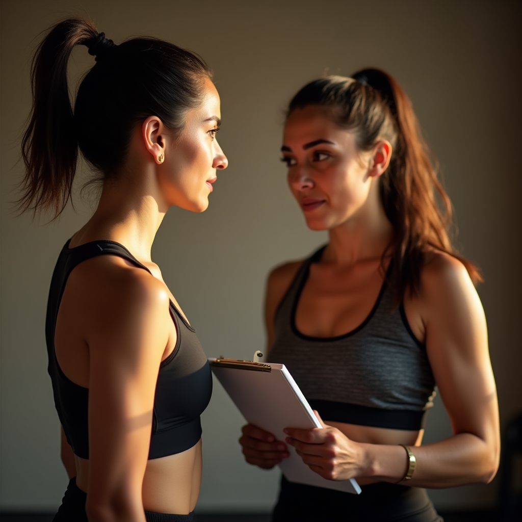 Trainer attentively coaching a client on proper movement form during a studio session